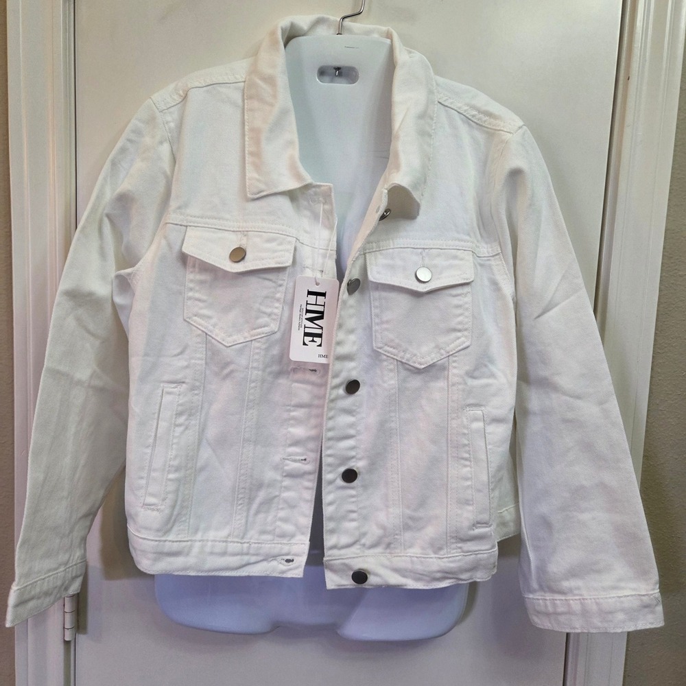 HME White Denim Trucker Jacket Womens XXL Cotton Blend Button Front Long Sleeve